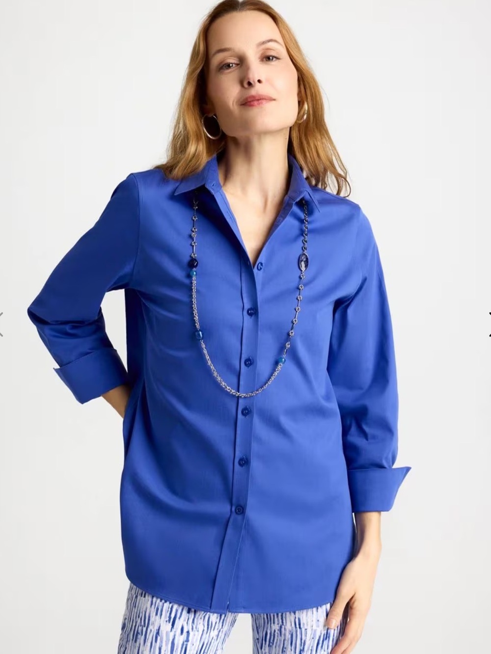 Chico’s No-Iron Stretch 3/4 Sleeve Shirt Amparo Blue Classic Fit Flattering 16